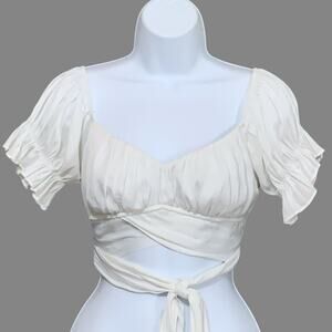Saints Secrets L White Ruffle Short Sleeve Tie Back Crop Top Boho Milkmaid